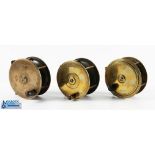 3x Victorian / Early 20th century Brass Plate Wind Reels - inc 4.5" Hercules style with fat black