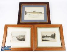 3x period Fishing Engraving Prints, all in good wooden frames, to include a Bull Trout presented