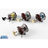 4x Assorted Multiplier Reels inc 3x Japan made reels in burgundy and chrome with cream handles,