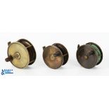 A collection of unnamed brass plate wind reels, as follows: 3.5" wide spool with large domed handle,
