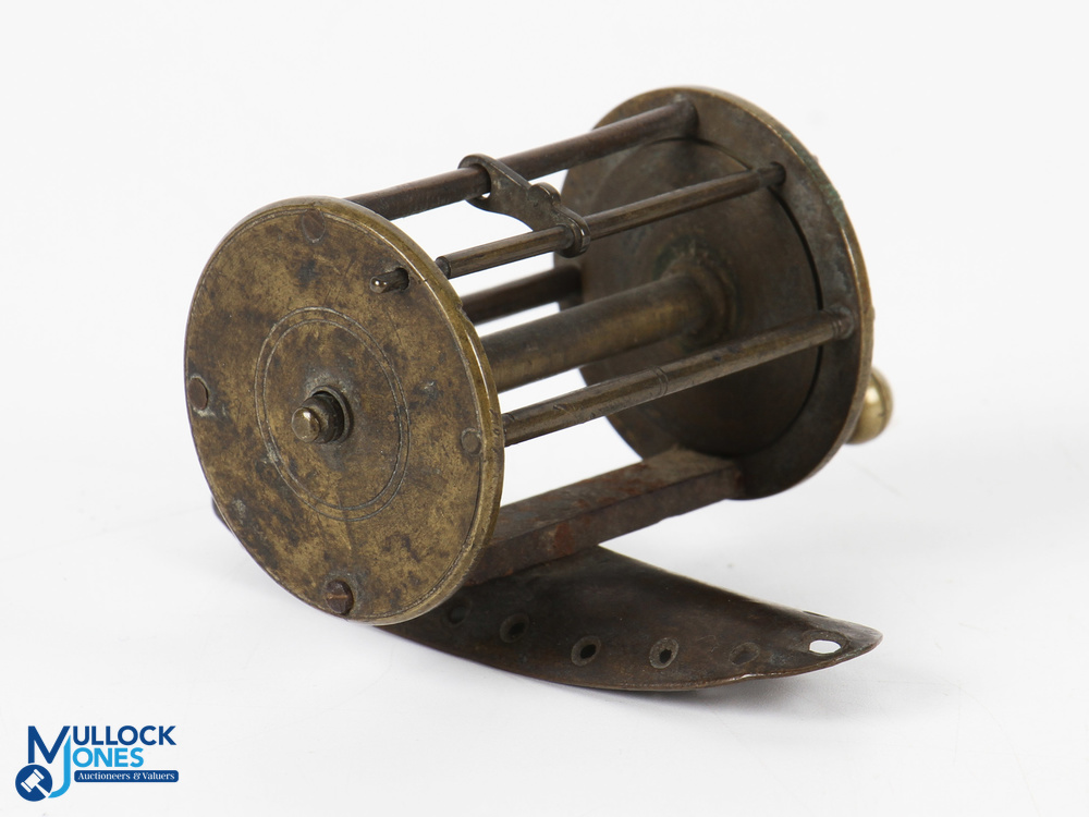 Another very early brass winch with straight lever and round brass handle, 1.5" spool, 2.25" wide - Image 2 of 3