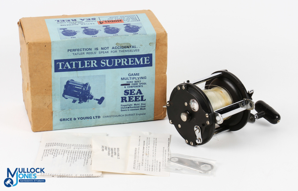 Grice & Young Tatler Supreme Model 4 Boxed Multiplier Reel in black with paperwork and tool, shows