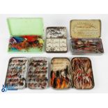 A collection of fly tins with flies, comprising: Wheatley slim alloy Kilroy Patent fly box, 6" x 3.