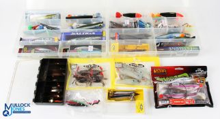 A collection of large Artificial baits, some boxed: rubber shads, spoons, lures, weights, floats,