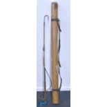 Bamboo Fishing Travel Tube, with copper strapping, leather shoulder handle with some damage, cork