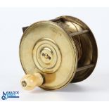 A scarce W L Becoe Maker brass salmon fly reel, 4" wide spool with large bulbous original handle,
