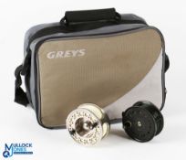 A pair of salmon reels in Greys reel brief, as follows: Scierra XDA91W alloy salmon fly reel, 4"