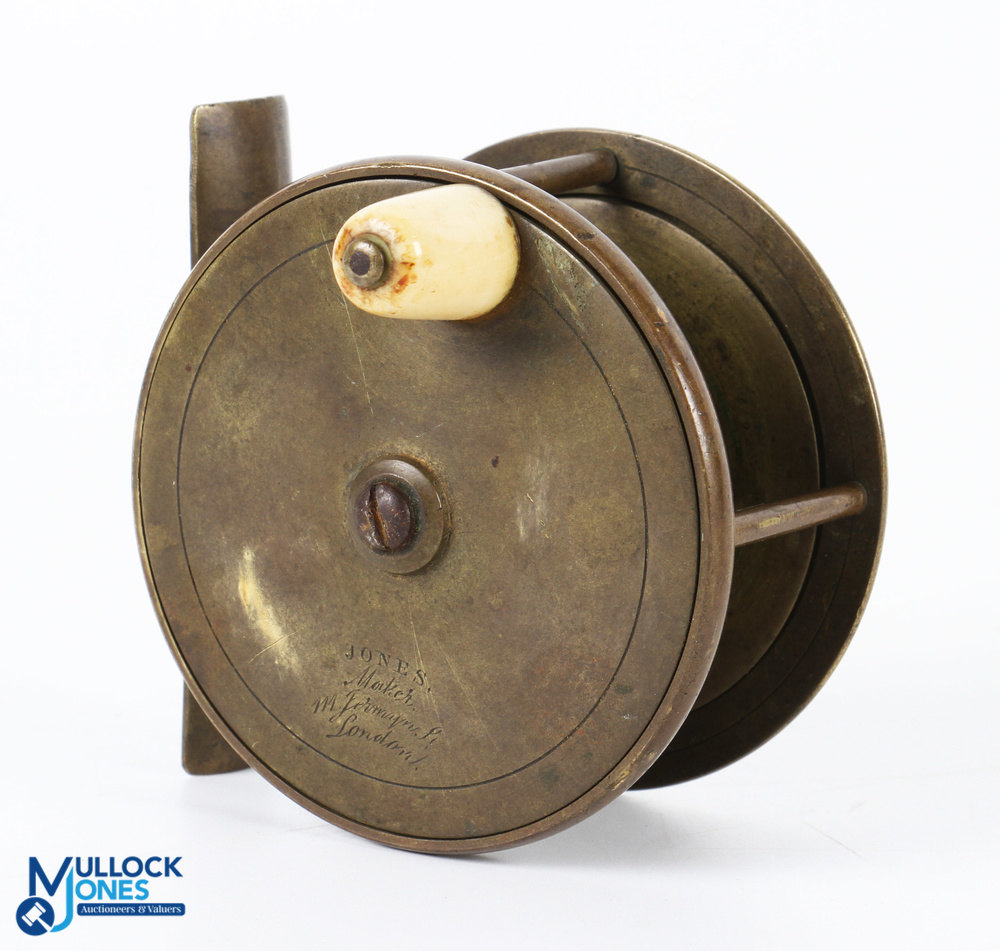 Jones Maker, Jermyn Street, London brass fly reel 3" wide spool with ivorine handle, constant check,