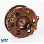 Unnamed Slater Future 6" Brass and Mahogany Reel with perforated face, twin polished horn handles,