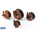 4x Wooden Strapback Reels - in sizes 4", 2x 3" and 2.25", all with twin handles, one having iron