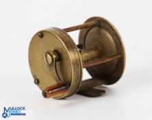 Early unnamed brass multiplier winch with curved crank arm, with tapered bone handle, 2" spool, 1.