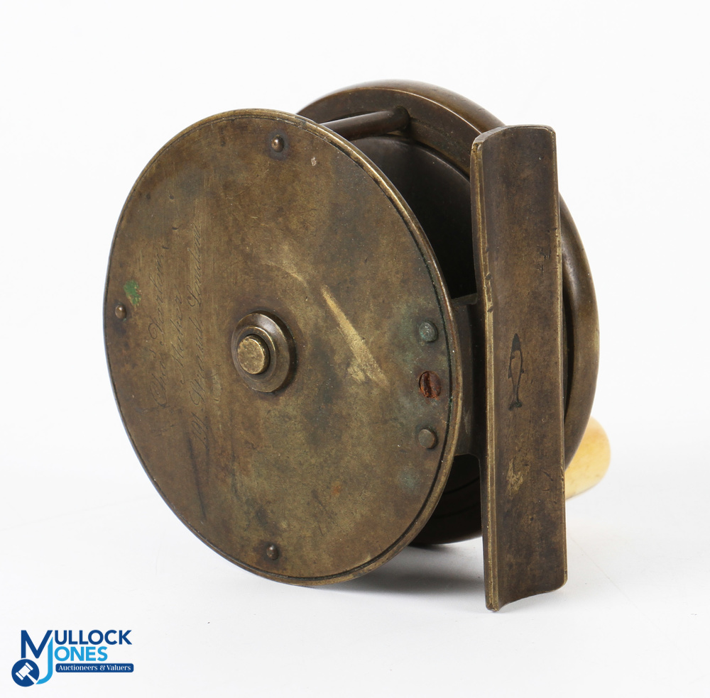 Chas Farlow Maker, 191 The Strand, London, brass fly reel 3" spool with original handle, 3 pillar - Image 2 of 2