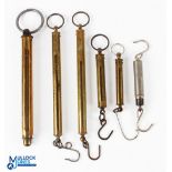 A collection of brass spring balance scales, as follows: Salter 8lb; Resilient 30lb (missing