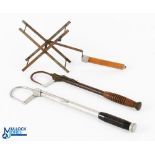 Fishing equipment, made up of: 2x single draw gaffs, one with wood handle, one with a plastic