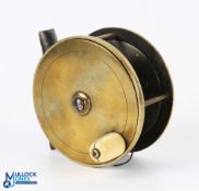 C Farlow & Co Maker, 191 The Strand, London 3.5" brass fly reel, domed horn handle (with split),