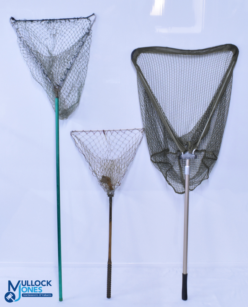 3x Folding and extendable Landing Nets, a good period Ogden Smith the Reversa net with turned wood