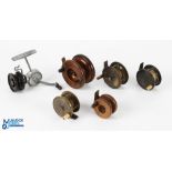 A collection of mixed types of reels, comprising: H Chamberlain Gun Maker brass winch, 2.5" spool