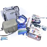 2x Fishing Bags with Accessories, a multi pocketed waterproof lined bag with shoulder strap, a fox