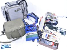 2x Fishing Bags with Accessories, a multi pocketed waterproof lined bag with shoulder strap, a fox