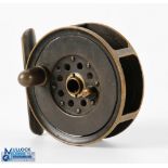 J B Moscrop Manchester 3" brass fly reel with maker's detail to rear and bottom of smooth brass