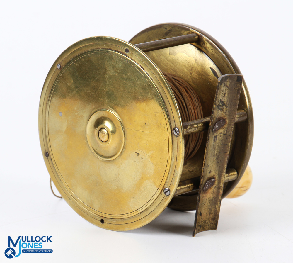 A scarce W L Becoe Maker brass salmon fly reel, 4" wide spool with large bulbous original handle, - Image 2 of 2