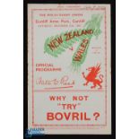 Scarce 1935 Wales v NZ Rugby Programme: The well-produced packed issue for the famous 13-12 Welsh
