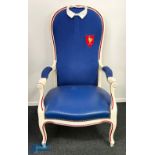 Unique Serge Blanco's signed French Jersey Upholstered Chair: Fantastic item, a large white wooden