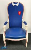 Unique Serge Blanco's signed French Jersey Upholstered Chair: Fantastic item, a large white wooden