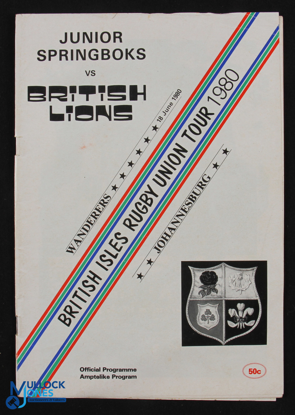 1980 Junior Springboks v B & I Lions Rugby Programme: At Ellis Park, Jo'burg, 18/6/80. 28pp issue.