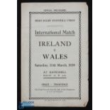 1939 Rare Ireland v Wales Rugby Programme: Ireland 0 v Wales 7, at Ravenhill. Belfast. Last