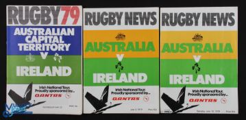 1979 Ireland in Australia Rugby Programmes (3): The Irish tourists in both tests and v ACT. Good
