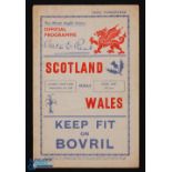 1939 Scarce Wales v Scotland Rugby Programme: 11-3 Welsh win at Cardiff, last clash pre-WW2,