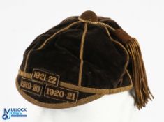 Tonbridge RFC (Kent) Rugby Honours Cap: Brown cap made by Christy's, with gold braid and 1919-20,