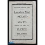 1937 Rare Ireland v Wales Rugby Programme: Ireland 5 v Wales 3, at Ravenhill. Belfast. Belfast