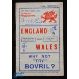 1938 Scarce Wales v England Rugby Programme: At Cardiff, 14-8 home win. G for age