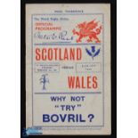 1937 Scarce Wales v Scotland Rugby Programme: Scots won 13-6 at Swansea, detailed illustrated issue.