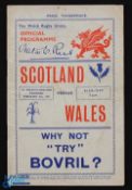 1937 Scarce Wales v Scotland Rugby Programme: Scots won 13-6 at Swansea, detailed illustrated issue.