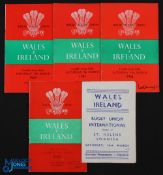 1953-65 Wales v Ireland Home Rugby Programmes (5): All Cardiff, rare 'pirate' 1953, then 55, 61,