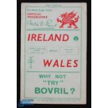 1936 Scarce Wales v Ireland Rugby Programme: 3-0 home win, notorious overcrowding fire-hose match at