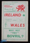 1936 Scarce Wales v Ireland Rugby Programme: 3-0 home win, notorious overcrowding fire-hose match at