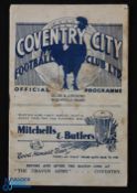 1937/38 Coventry v Burnley football programme date 4 Sep, creases, marks, small nicks apparent, A/