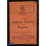 War time 1939/40 Dulwich Hamlet v Finchley, friendly match programme 2 March 1940, 4 page fair at
