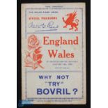 1936 Scarce Wales v England Rugby Programme: At Swansea, drawn 0-0! Some wear but v collectable