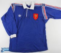 Match worn Blue 1990s France Rugby Jersey No. 8: Unknown match, blue with red embroidered cloth