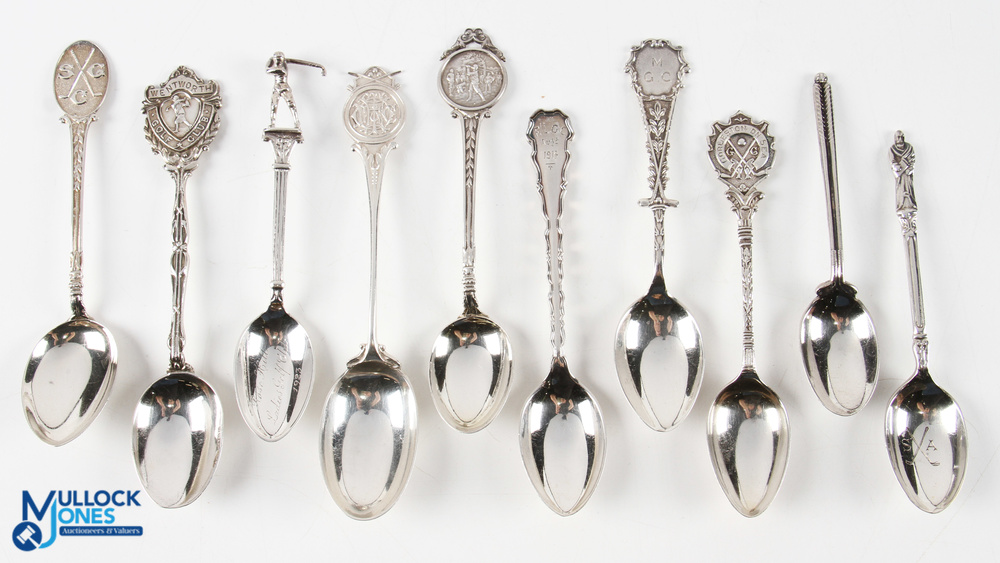 Group of 10x Assorted Golfing Teaspoons - including Gorleston on Sea, Wentworth, FLGC, SGC, MGC