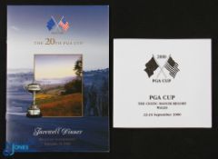 2000 PGA Cup 20th USA v GB&I Signed Farewell Dinner Menu and Score card - played at The Celtic Manor