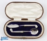 Fine 1910 silver and mother o' pearl Golf Club Handle Preserve Spoon and Butter Knife Cased Set -
