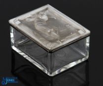 Interesting Golfing Intaglio Cut Glass Box c1920s - featuring period golfer lid c/w silver plated