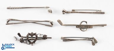 6x Silver Golf Brooches - 5x modelled as golf clubs, one inscribed Rayfield GC, with another similar