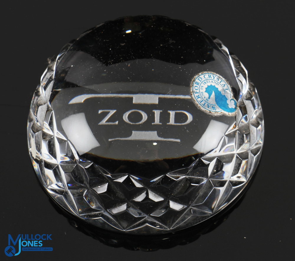 Waterford Crystal "Zoid" engraved heavy circular desk paper weight - 3.5" dia x 1.75"h come in